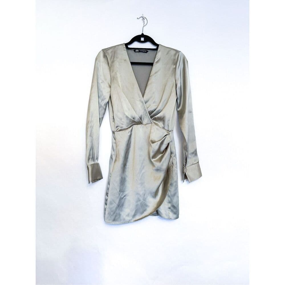 Zara Wrap Satin Effect “Grey Green” Dress Blogger Favorite Womens X-Small - Thumbnail 9