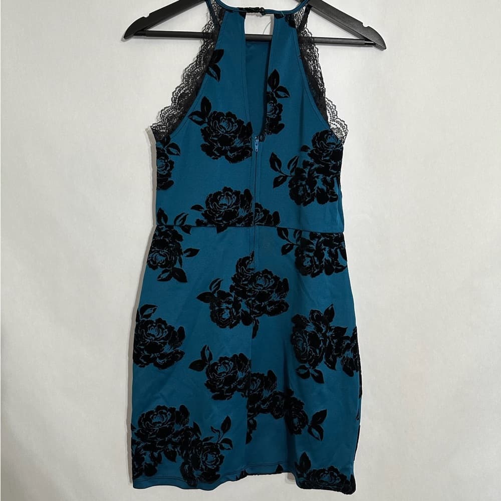 Trixxi Teal Black Velvet Burnout Floral Lace Halter Dress Y2K Size Juniors 9 - Thumbnail 5