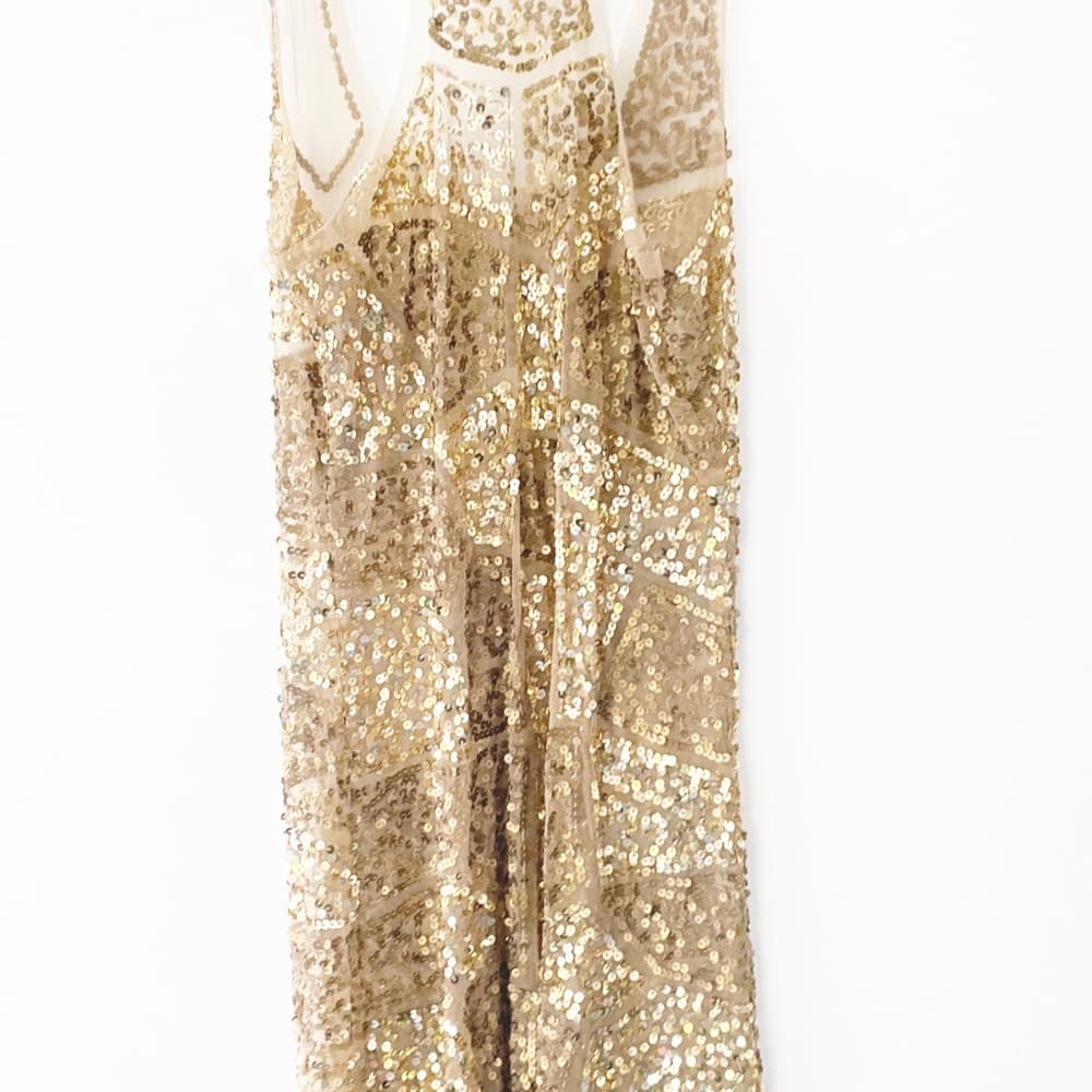 NWT Gold Sequin Sexy Sheer Nude Illusion Mini Dress Arden B Deadstock Y2K Medium - Thumbnail 13