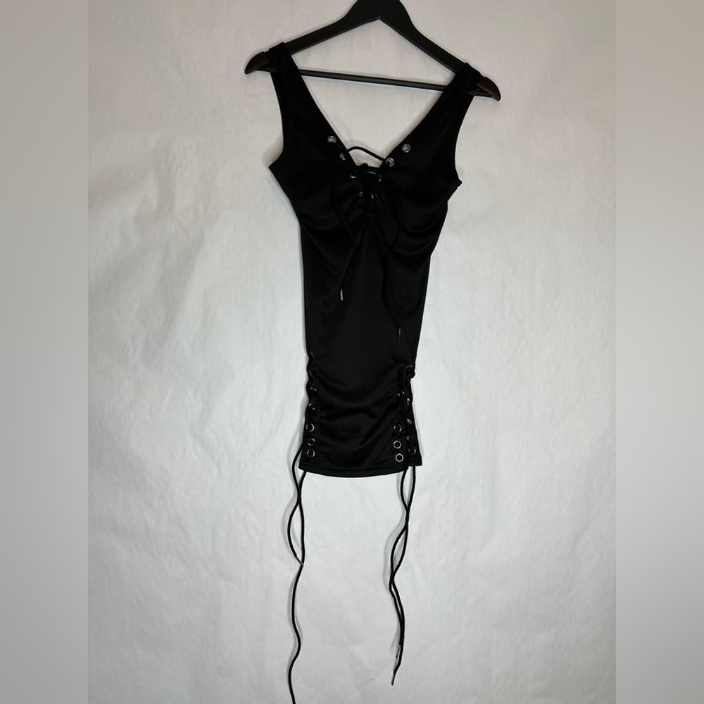 Black Lace-Up Corset-Side Style Super Mini Dress Sleeveless Stretch Bodycon Y2K
