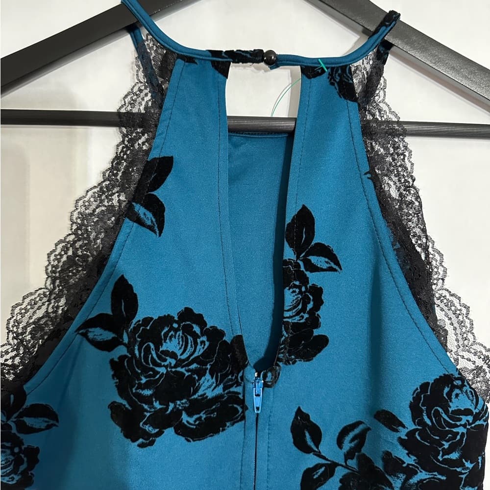 Trixxi Teal Black Velvet Burnout Floral Lace Halter Dress Y2K Size Juniors 9 - Thumbnail 6
