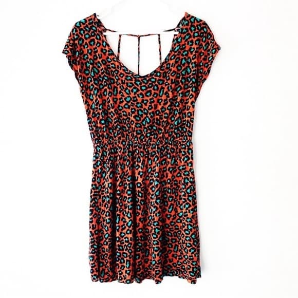 Neon Orange Teal Cheetah Print Mini Dress - Thumbnail 11