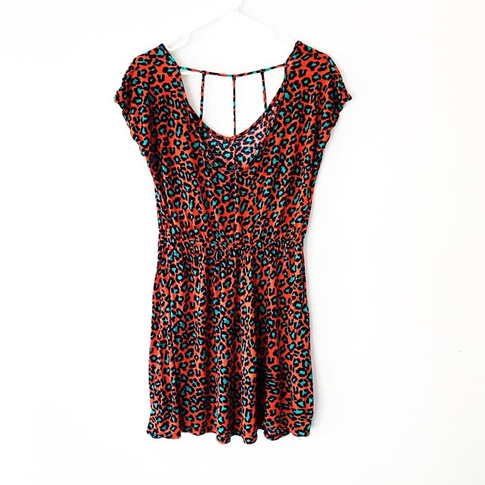 Neon Orange Teal Cheetah Print Mini Dress - Thumbnail 3