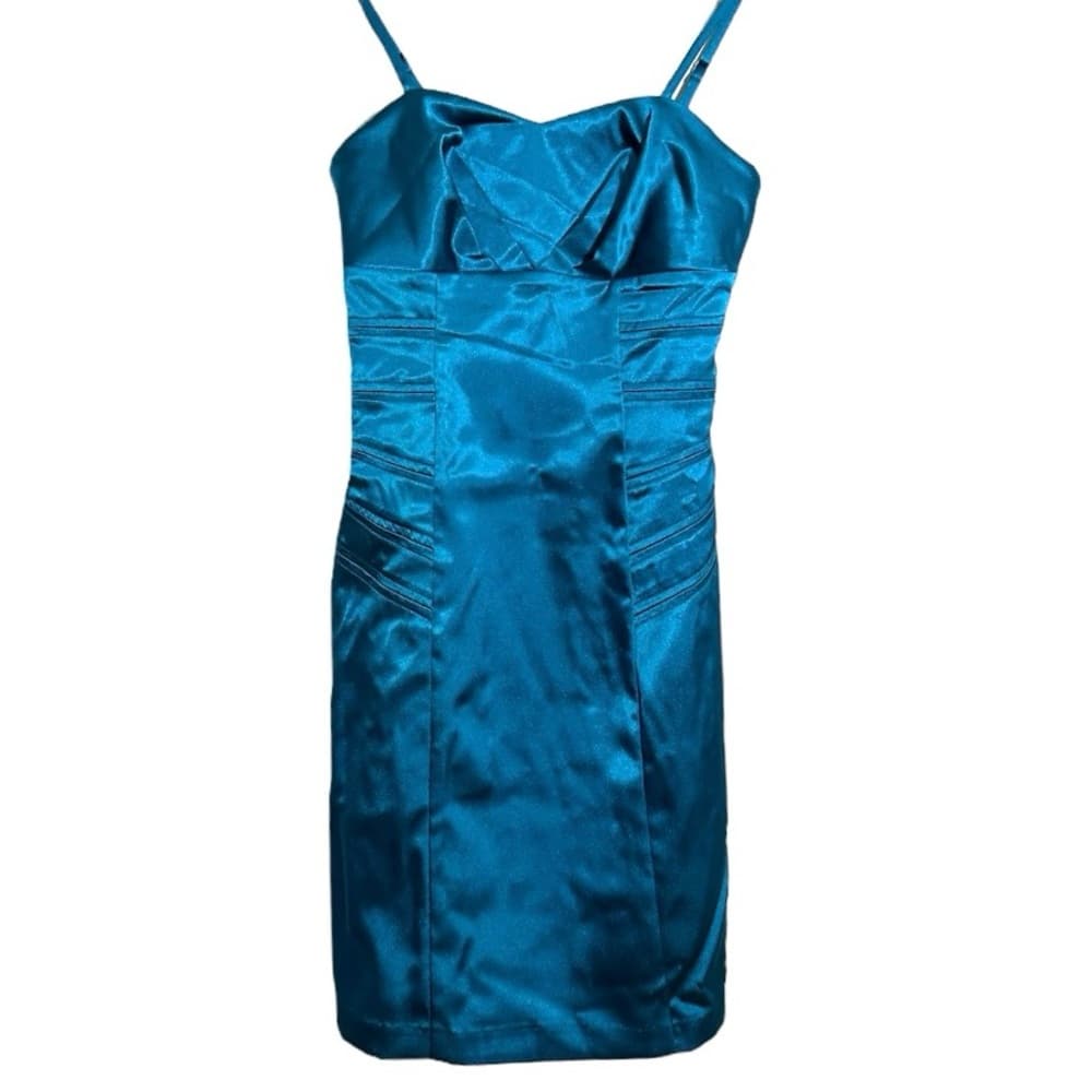NWT A. Byer Satin Teal Cocktail Dress Pleated Bodice Size 3 | Y2K Deadstock Prom - Thumbnail 11