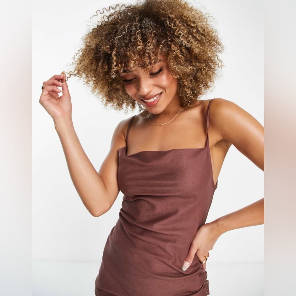 NWT ASOS Design Cowl Neck Beach Mini Dress “Brown” Ruched Tie Side Low Back Sz 0 - Thumbnail 7