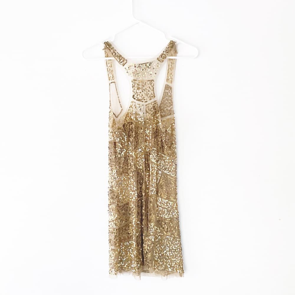 NWT Gold Sequin Sexy Sheer Nude Illusion Mini Dress Arden B Deadstock Y2K Medium - Thumbnail 10