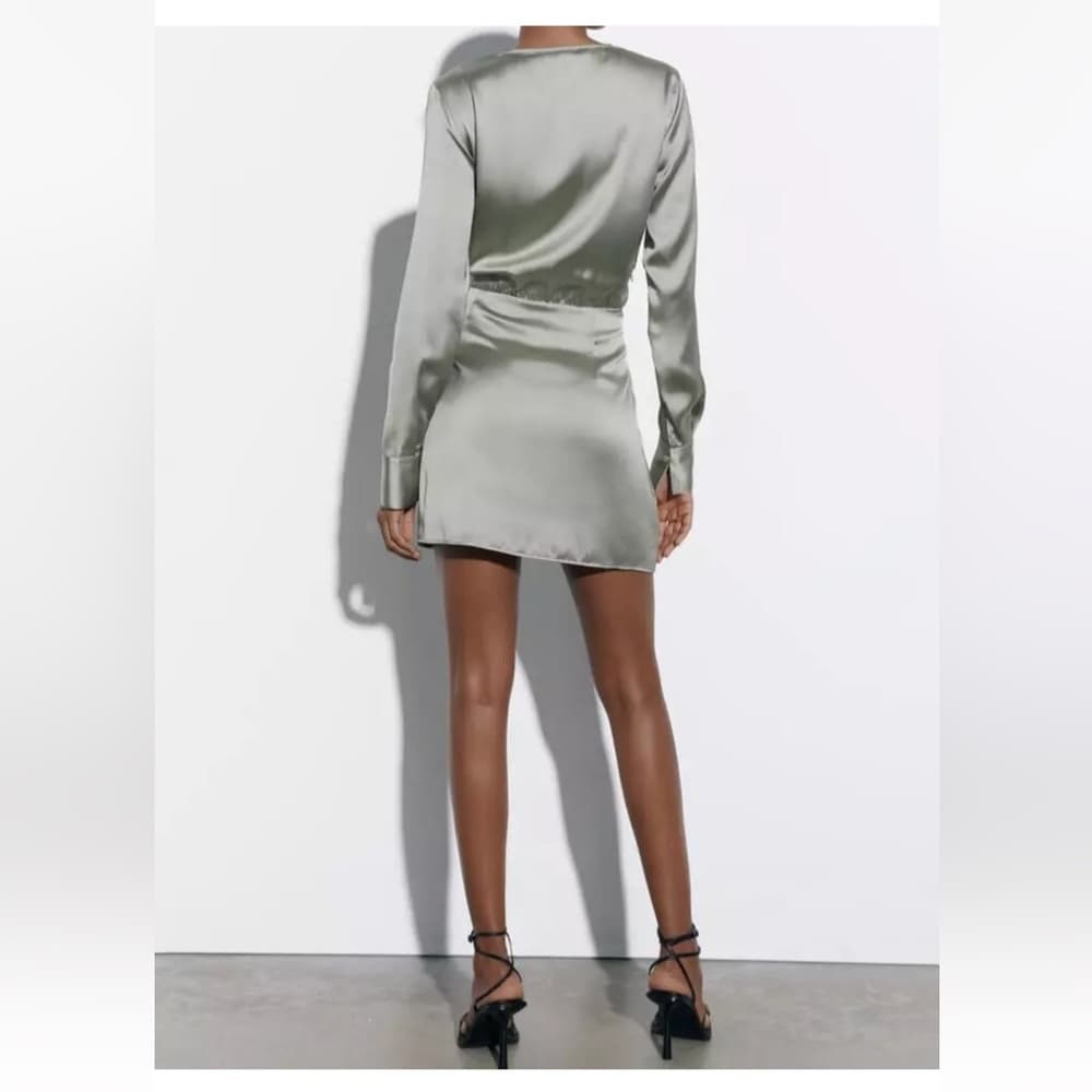 Zara Wrap Satin Effect “Grey Green” Dress Blogger Favorite Womens X-Small - Thumbnail 13