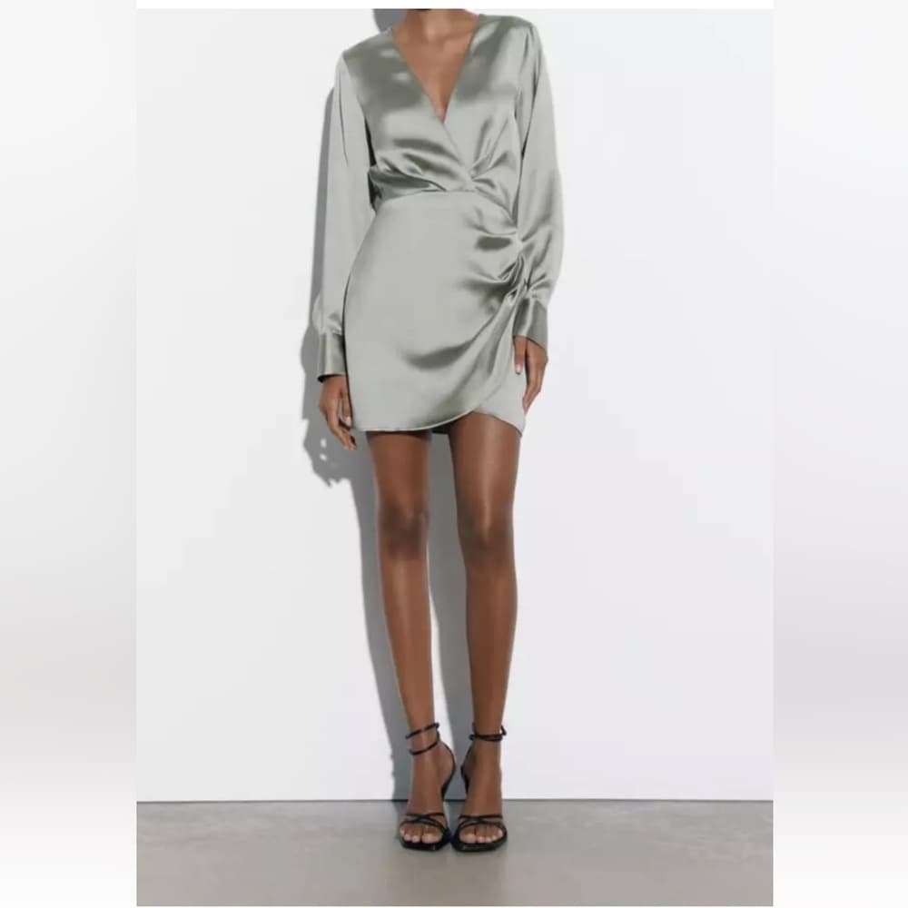 Zara Wrap Satin Effect “Grey Green” Dress Blogger Favorite Womens X-Small - Thumbnail 14