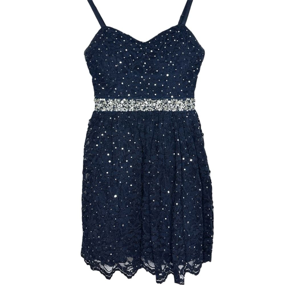 B. Smart Navy Lace Rhinestone Embellished Cocktail Dress Y2K Size 3 Juniors - Thumbnail 8
