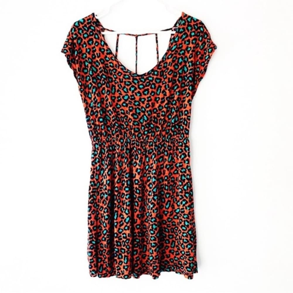 Neon Orange Teal Cheetah Print Mini Dress - Thumbnail 10