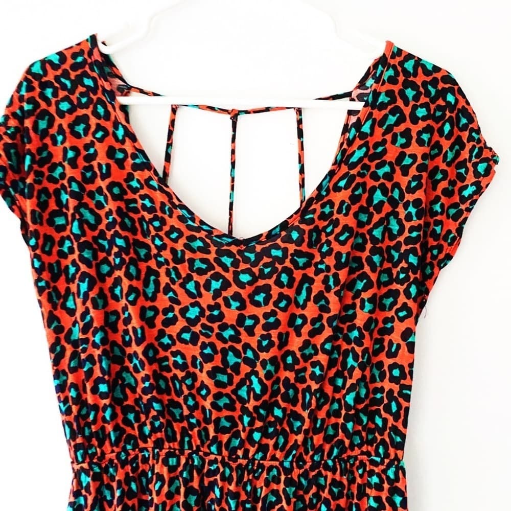 Neon Orange Teal Cheetah Print Mini Dress - Thumbnail 6