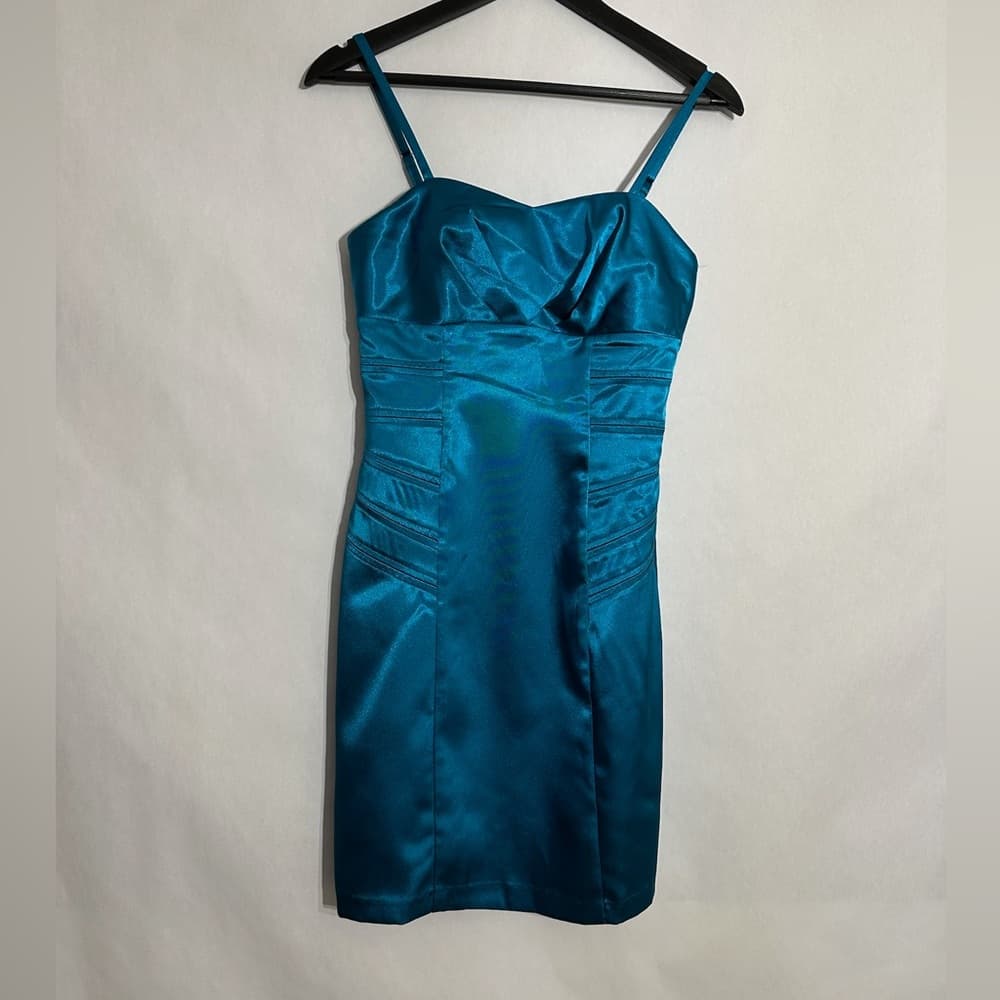NWT A. Byer Satin Teal Cocktail Dress Pleated Bodice Size 3 | Y2K Deadstock Prom - Thumbnail 8