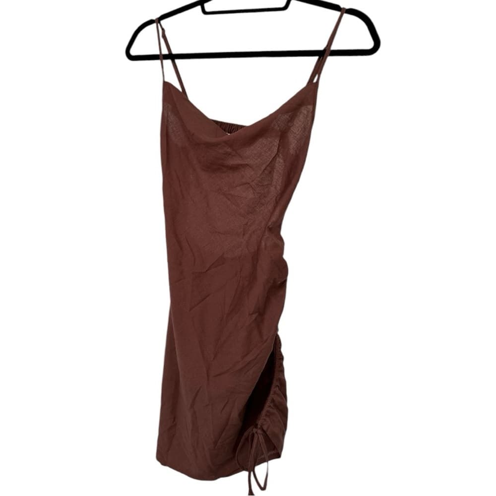 NWT ASOS Design Cowl Neck Beach Mini Dress “Brown” Ruched Tie Side Low Back Sz 0 - Thumbnail 3
