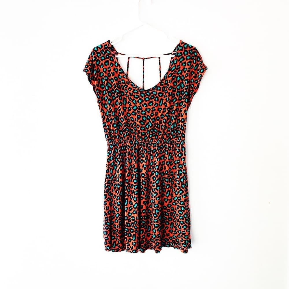 Neon Orange Teal Cheetah Print Mini Dress - Thumbnail 7