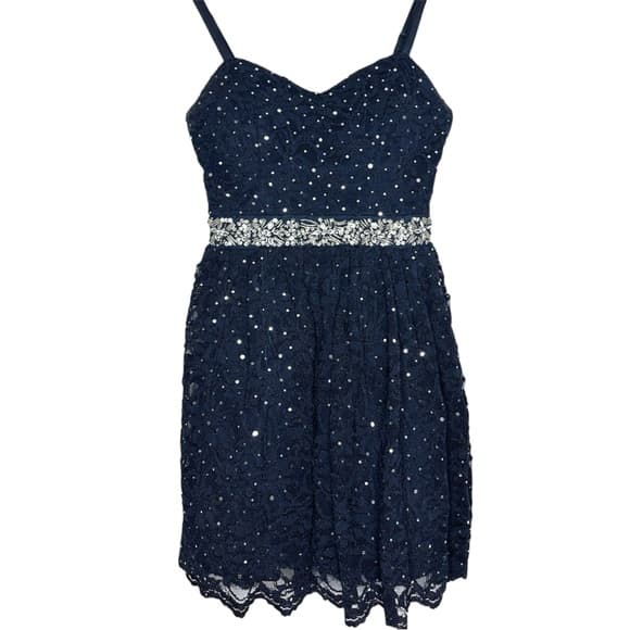 B. Smart Navy Lace Rhinestone Embellished Cocktail Dress Y2K Size 3 Juniors - Thumbnail 9