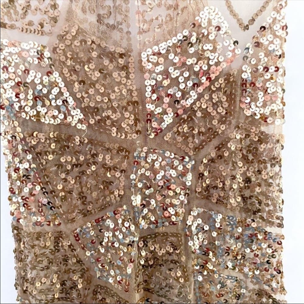 NWT Gold Sequin Sexy Sheer Nude Illusion Mini Dress Arden B Deadstock Y2K Medium - Thumbnail 2