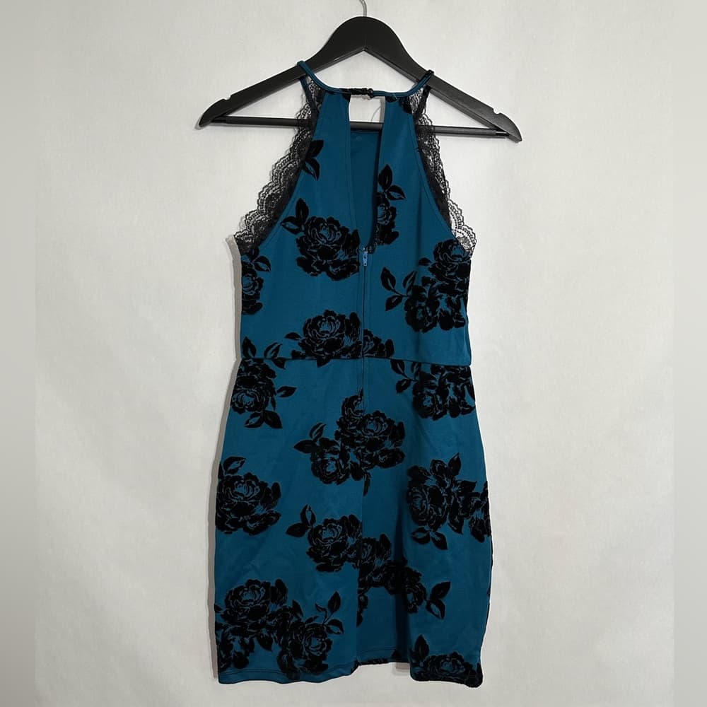 Trixxi Teal Black Velvet Burnout Floral Lace Halter Dress Y2K Size Juniors 9 - Thumbnail 4