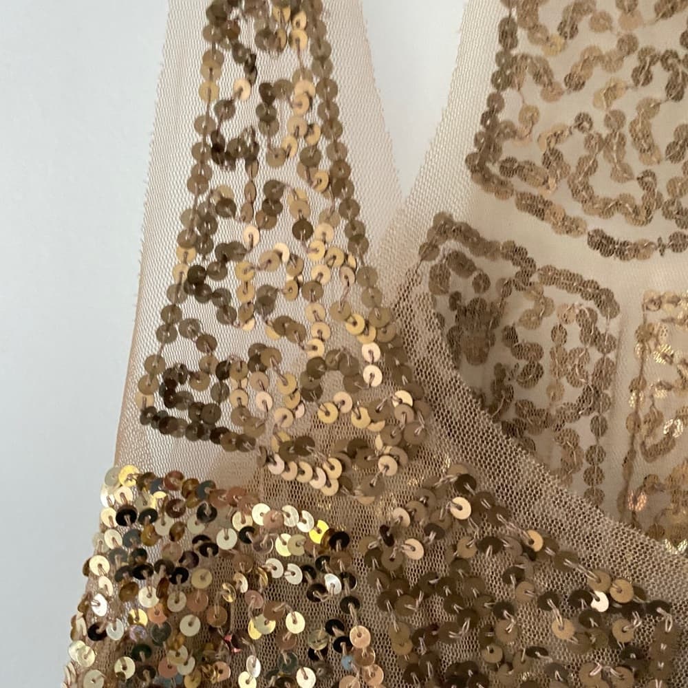 NWT Gold Sequin Sexy Sheer Nude Illusion Mini Dress Arden B Deadstock Y2K Medium - Thumbnail 11