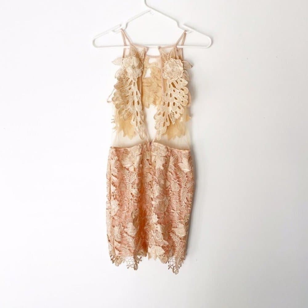 Strategic Illusion Dress Cream Lace Appliqué Sexy Club Party Night Out Mini Med - Thumbnail 5