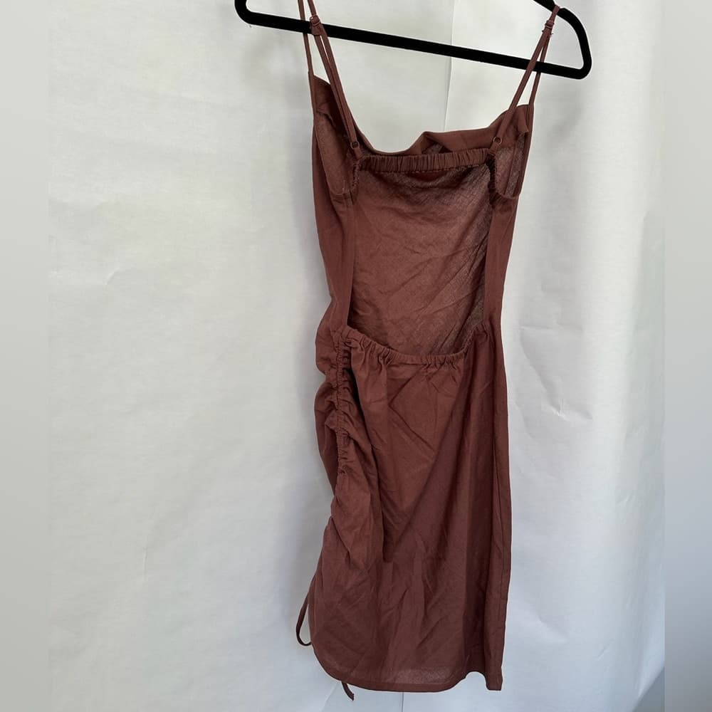 NWT ASOS Design Cowl Neck Beach Mini Dress “Brown” Ruched Tie Side Low Back Sz 0 - Thumbnail 12