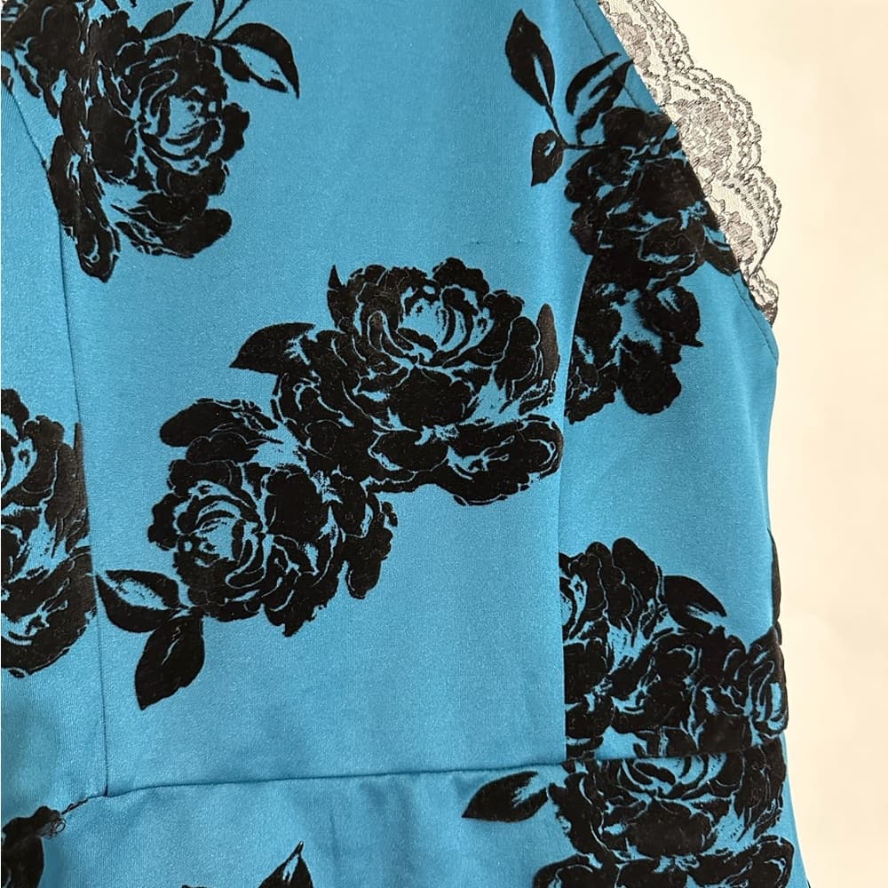 Trixxi Teal Black Velvet Burnout Floral Lace Halter Dress Y2K Size Juniors 9 - Thumbnail 2
