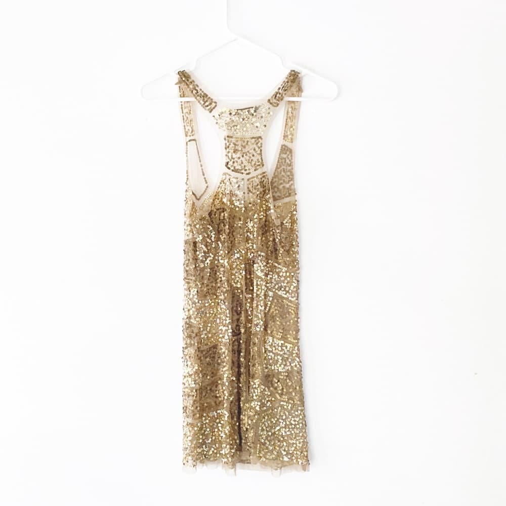 NWT Gold Sequin Sexy Sheer Nude Illusion Mini Dress Arden B Deadstock Y2K Medium - Thumbnail 9