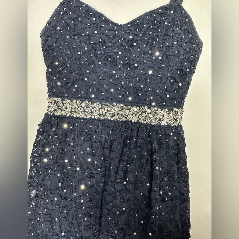 B. Smart Navy Lace Rhinestone Embellished Cocktail Dress Y2K Size 3 Juniors - Thumbnail 2