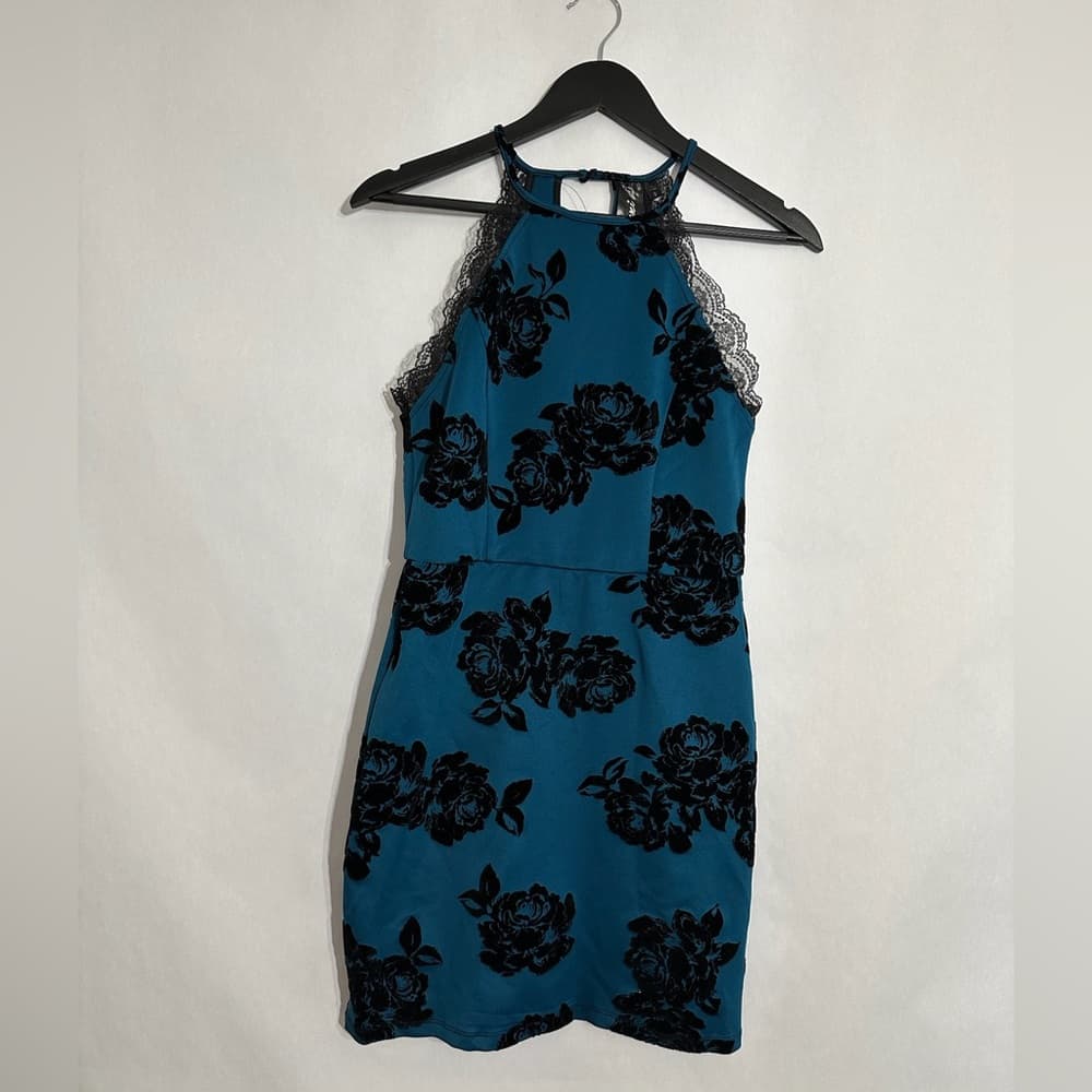 Trixxi Teal Black Velvet Burnout Floral Lace Halter Dress Y2K Size Juniors 9
