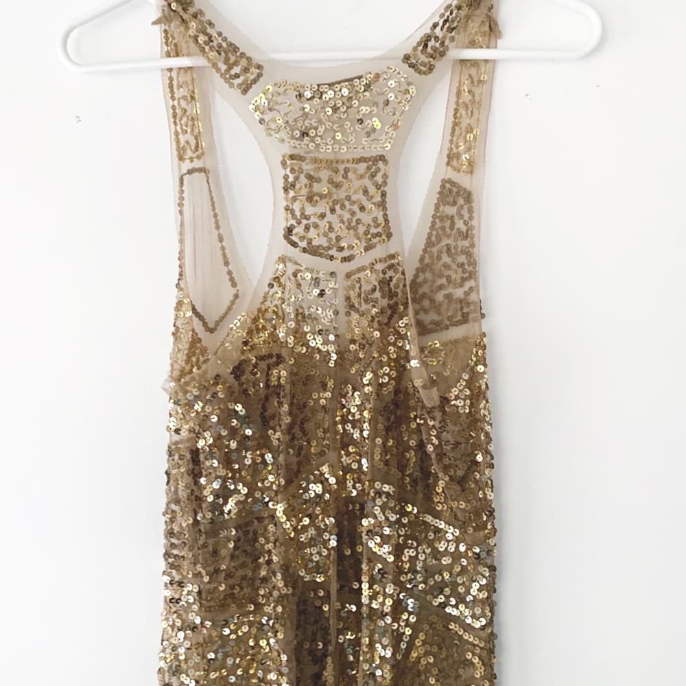 NWT Gold Sequin Sexy Sheer Nude Illusion Mini Dress Arden B Deadstock Y2K Medium - Thumbnail 14