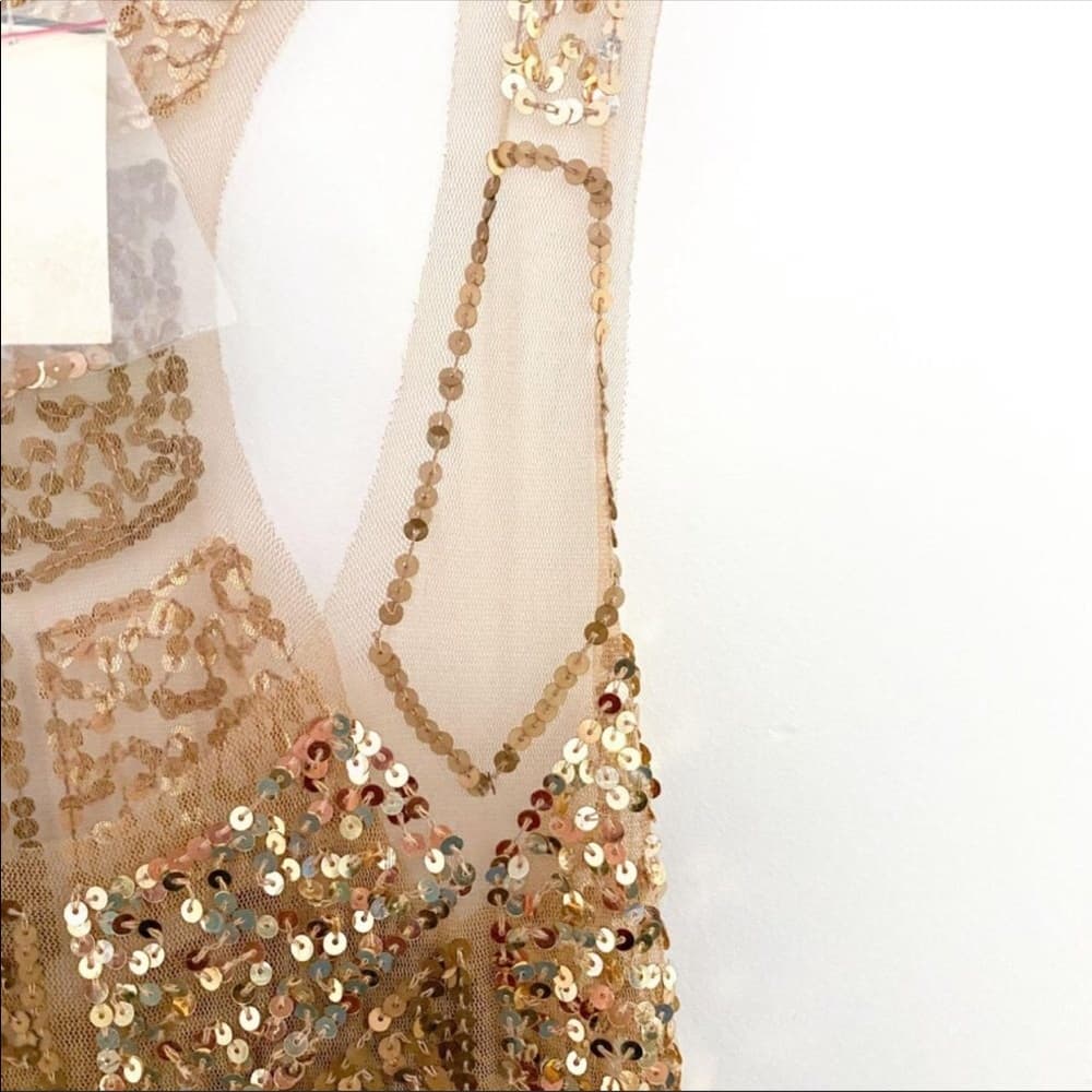 NWT Gold Sequin Sexy Sheer Nude Illusion Mini Dress Arden B Deadstock Y2K Medium - Thumbnail 3