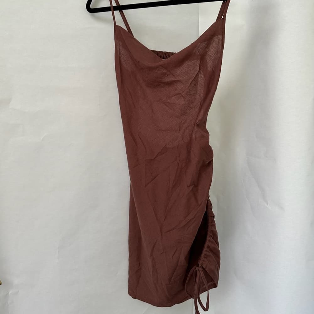 NWT ASOS Design Cowl Neck Beach Mini Dress “Brown” Ruched Tie Side Low Back Sz 0 - Thumbnail 14