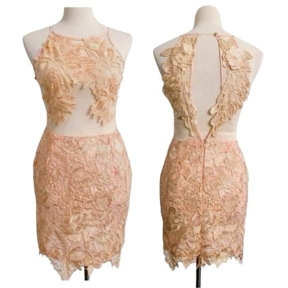 Strategic Illusion Dress Cream Lace Appliqué Sexy Club Party Night Out Mini Med - Thumbnail 10