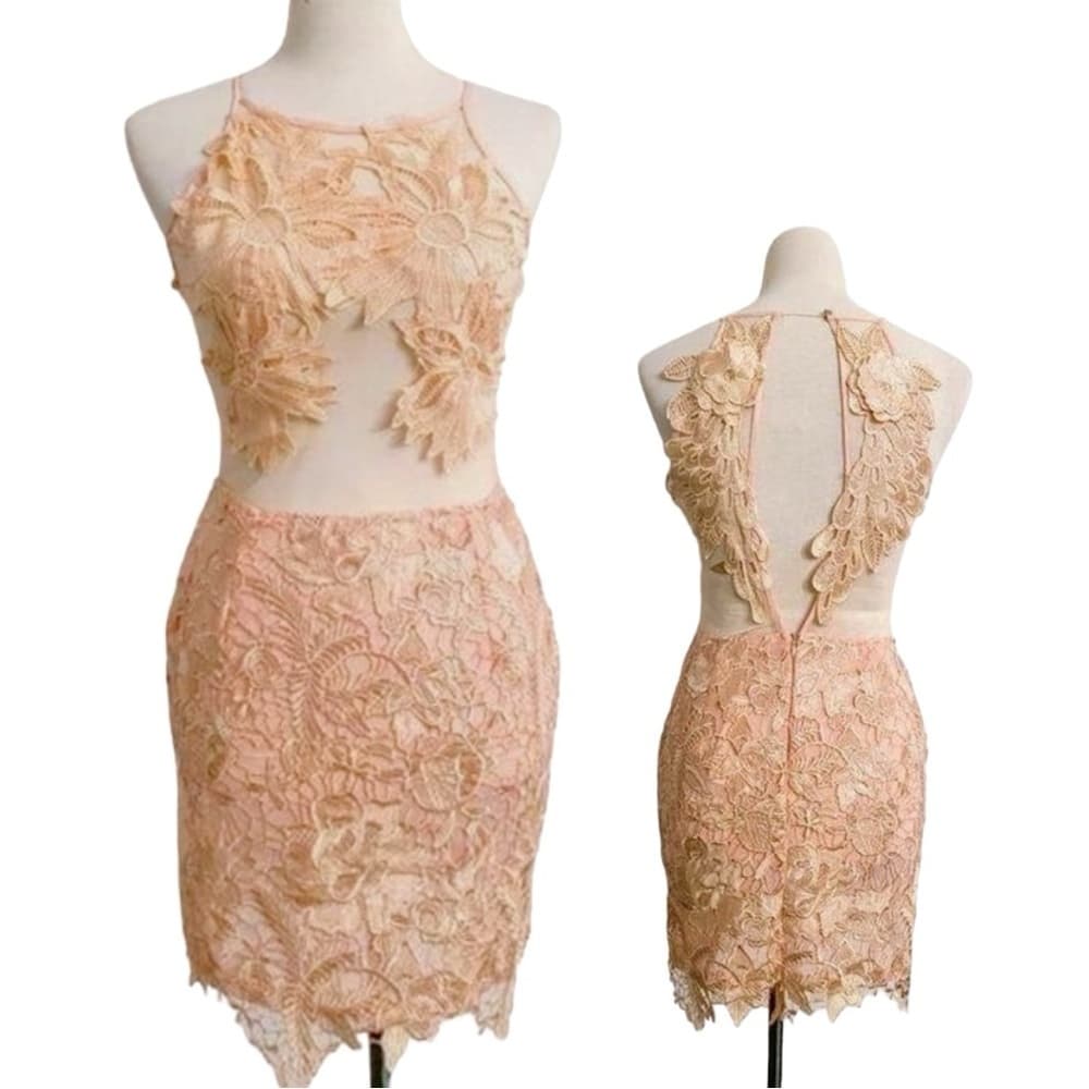 Strategic Illusion Dress Cream Lace Appliqué Sexy Club Party Night Out Mini Med - Thumbnail 7