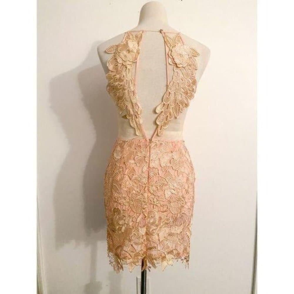 Strategic Illusion Dress Cream Lace Appliqué Sexy Club Party Night Out Mini Med - Thumbnail 3