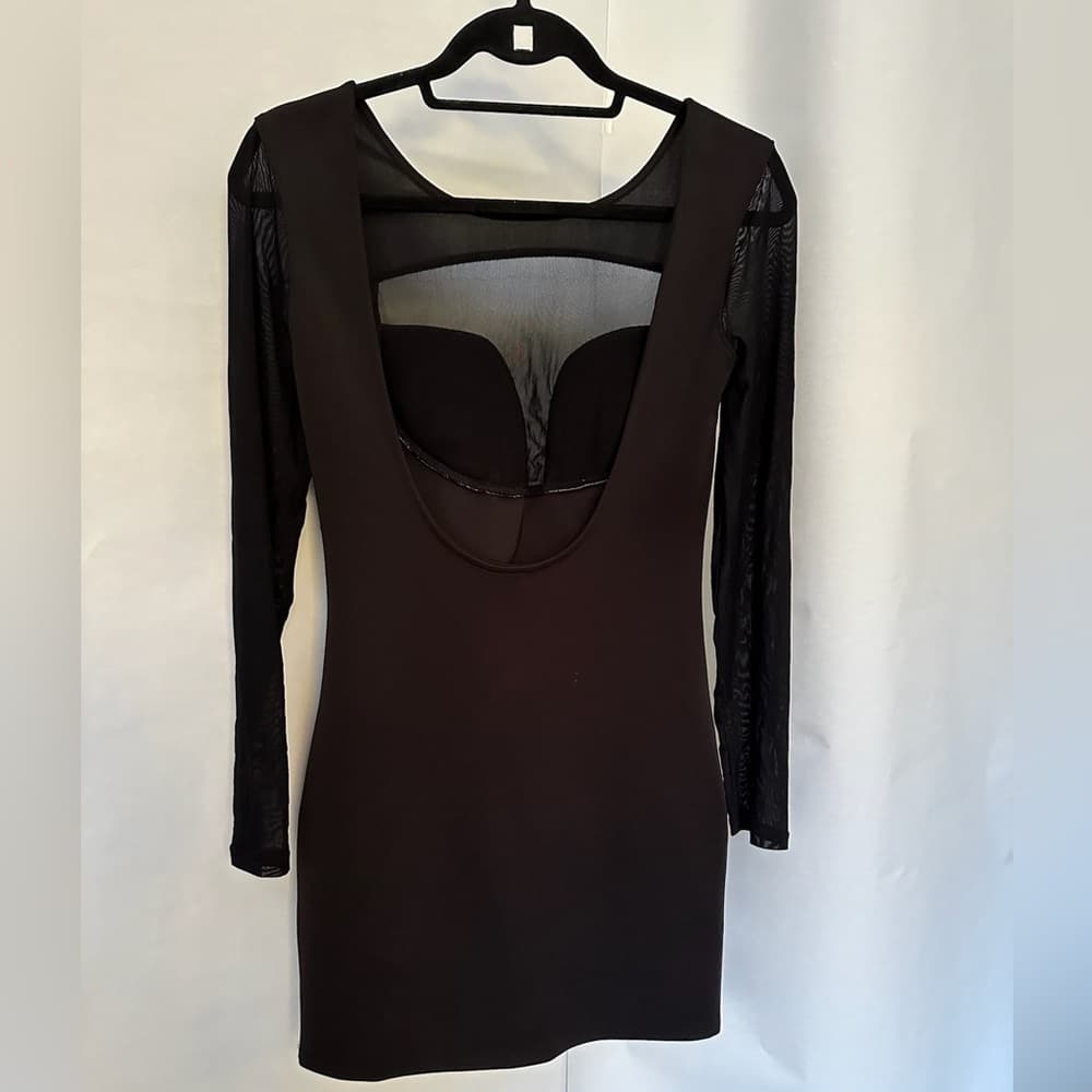 Nasty Gal Black Dress Mesh Front Long Sleeve Bodycon Futuristic Size Medium - Thumbnail 6