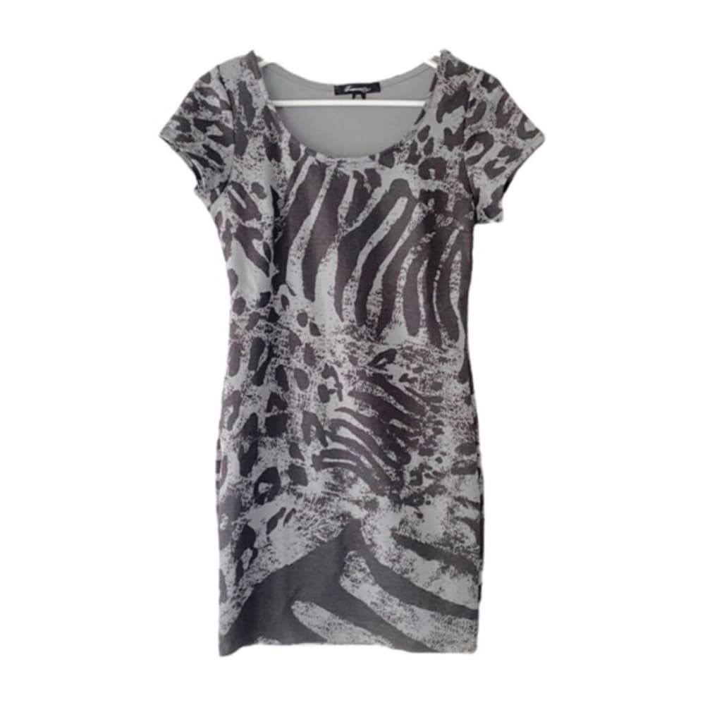 NWT Forever 21 Gray Animal Print Bodycon Mini Dress Short Sleeve Medium Neutral - Thumbnail 6