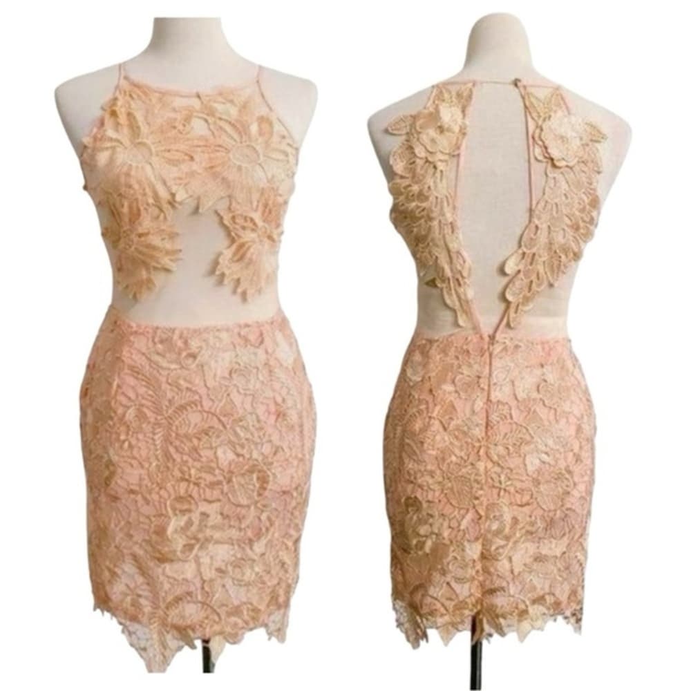 Strategic Illusion Dress Cream Lace Appliqué Sexy Club Party Night Out Mini Med - Thumbnail 9