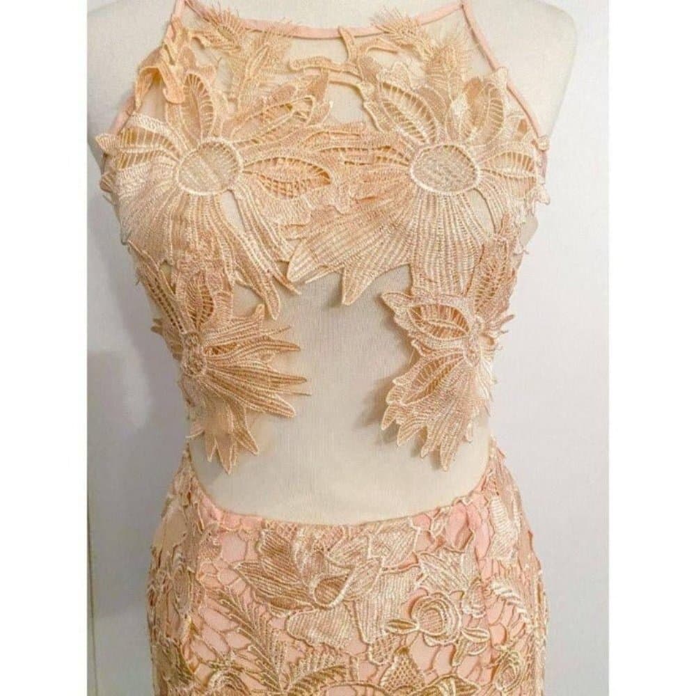 Strategic Illusion Dress Cream Lace Appliqué Sexy Club Party Night Out Mini Med - Thumbnail 6