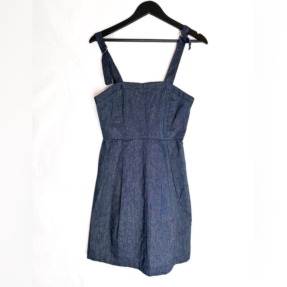 BCBGeneration Denim Pinstripe Mini Apron Overall Mini Dress Size 4 Cottagecore - Thumbnail 2