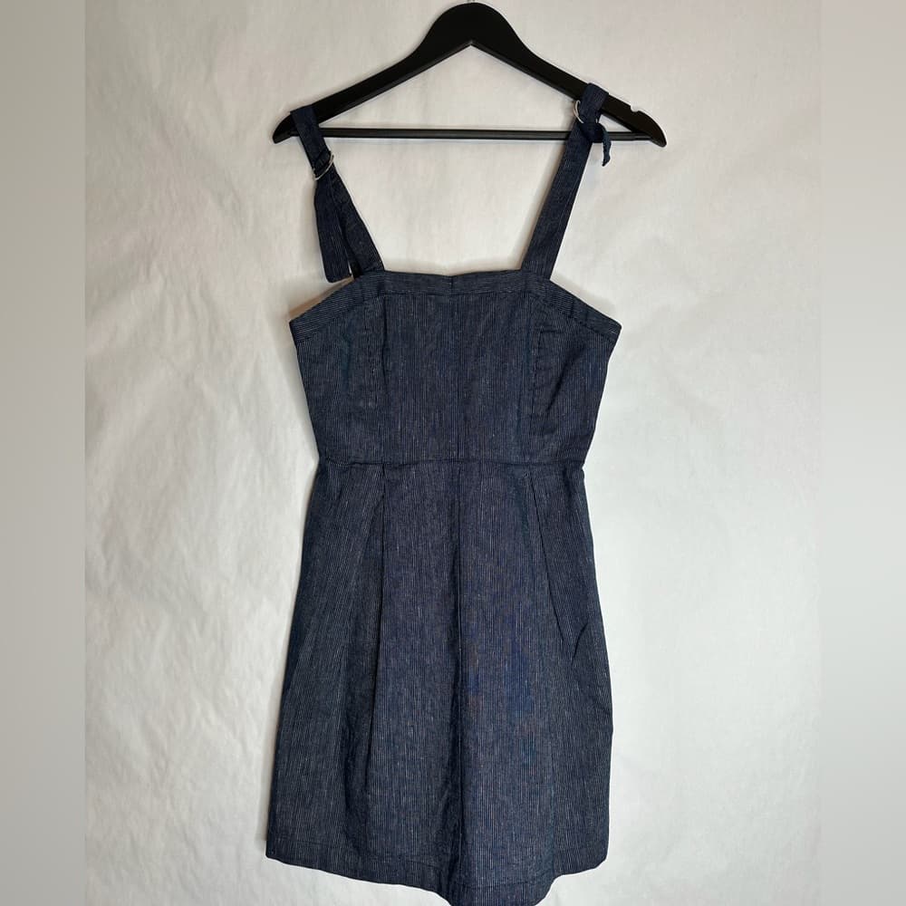 BCBGeneration Denim Pinstripe Mini Apron Overall Mini Dress Size 4 Cottagecore - Thumbnail 4
