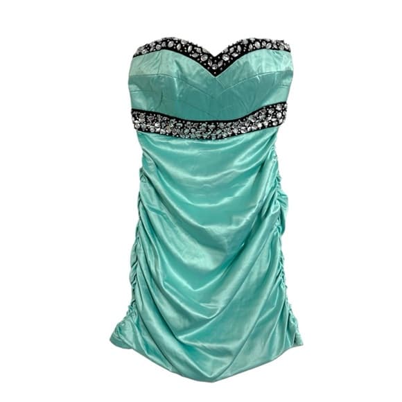Sequin Hearts Aqua Strapless Sweetheart Neckline Dress Black Silver Bead Sz 9 Jr - Thumbnail 9