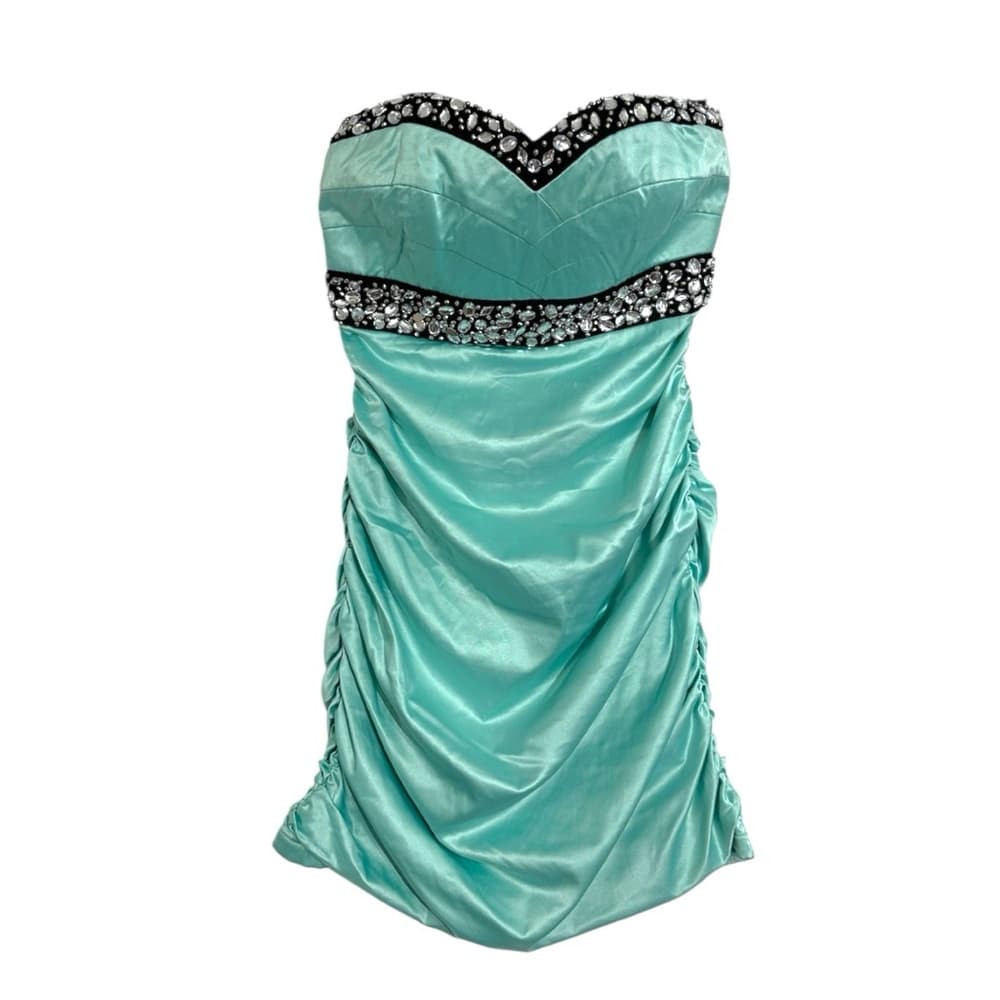 Sequin Hearts Aqua Strapless Sweetheart Neckline Dress Black Silver Bead Sz 9 Jr - Thumbnail 8