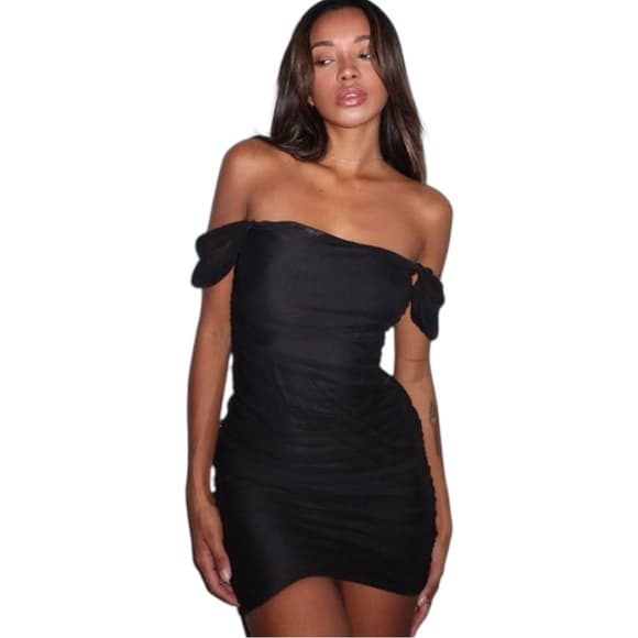 Princess Polly Charvi Mini Dress in Black Mesh Off or On Shoulder in Size US 8 - Thumbnail 17