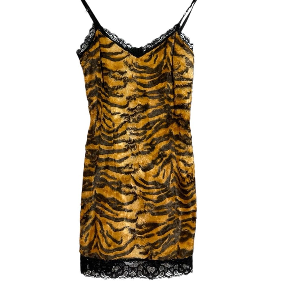 D&G Dolce & Gabbana Tiger Faux Fur Slip Dress Lace Vintage Y2K 38 (IT) / 2 (US) - Thumbnail 11
