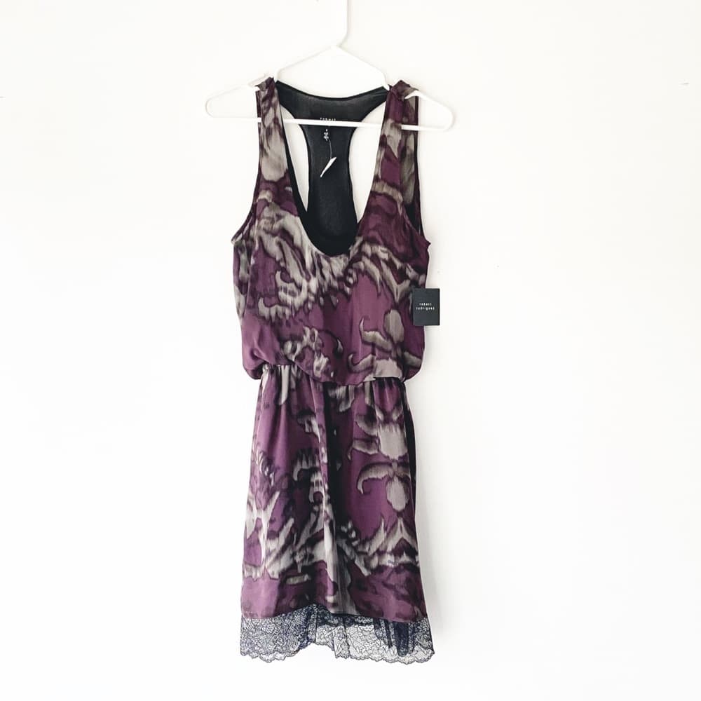 Robert Rodriguez Scoop Neck Silk Shift Dress Multi Color Graphic Print Lace Trim - Thumbnail 10