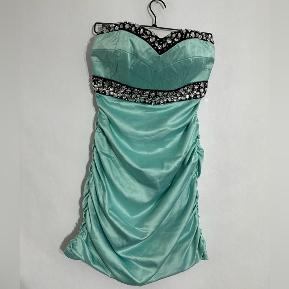 Sequin Hearts Aqua Strapless Sweetheart Neckline Dress Black Silver Bead Sz 9 Jr - Thumbnail 4