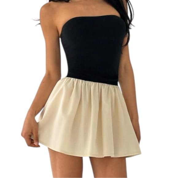 NWOT SHEIN Color Block Strapless Mini Dress Black Beige | TAGS CUT OUT SEE NOTE - Thumbnail 15