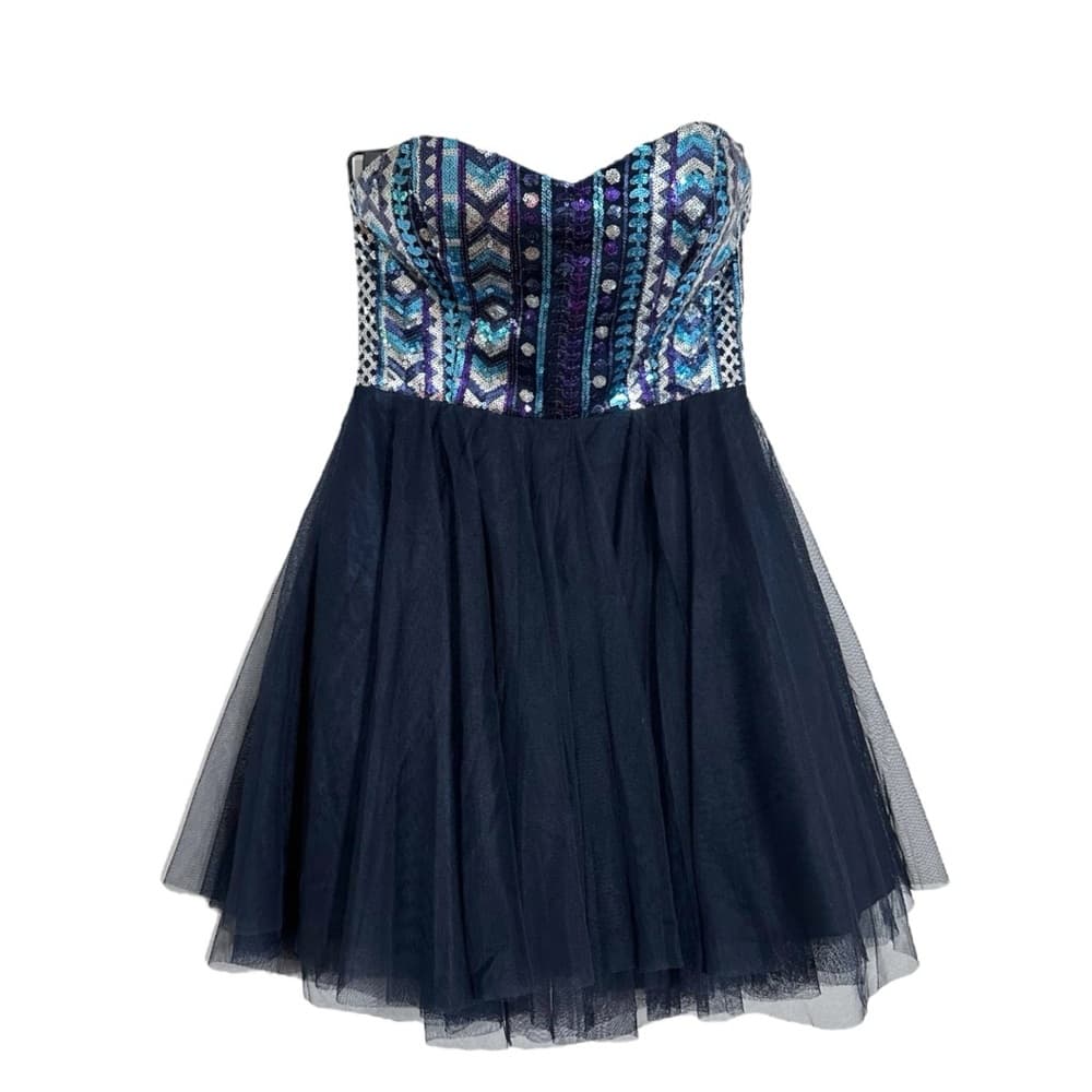 Nights by Teeze Me Strapless Sequin Corset Tulle Party Dress Y2K Blue Juniors 1 - Thumbnail 6
