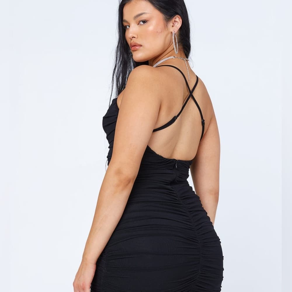 Princess Polly Dottie Mini Dress Black Ruched Crossed Back Straps Size US 8