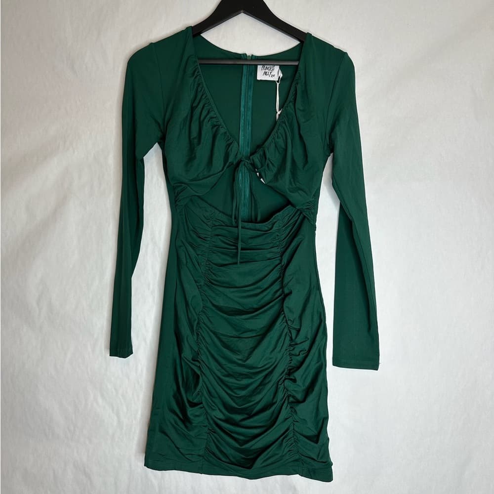 NWT Princess Polly Remine Long Sleeve Mini Dress Green Cut Out Front US Size 8 - Thumbnail 5